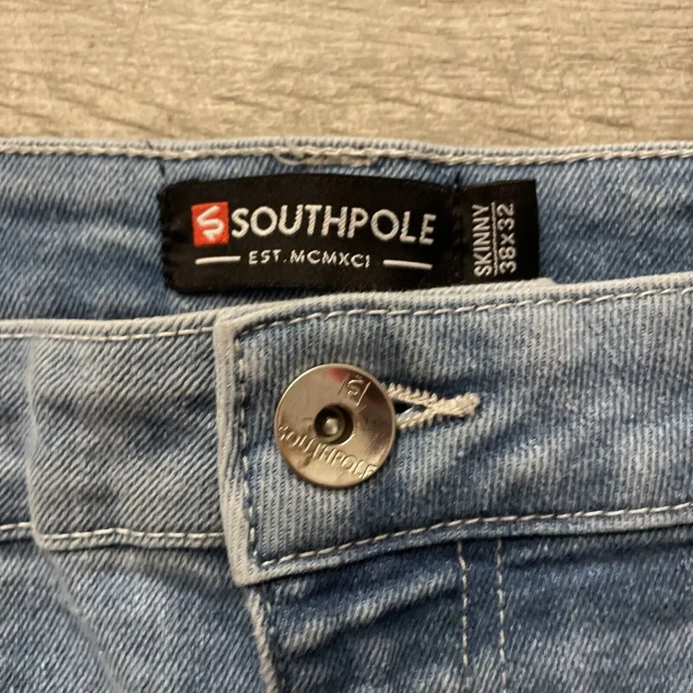 Southpole Skinny Jeans Men's Size 38x32 Y2K Distressed Ribbed Light Wash Hip Hop